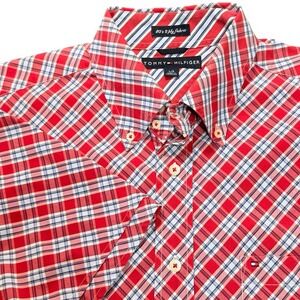 VTG Y2K Tommy Hilfiger L Crisp Red Bias Plaid Check Button Up Short Sleeve Shirt